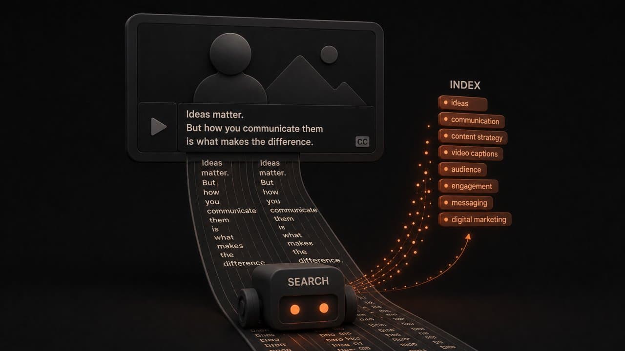 Stylized 3D scene of a geometric search crawler scanning subtitle text lines beneath a video frame and adding them to an index