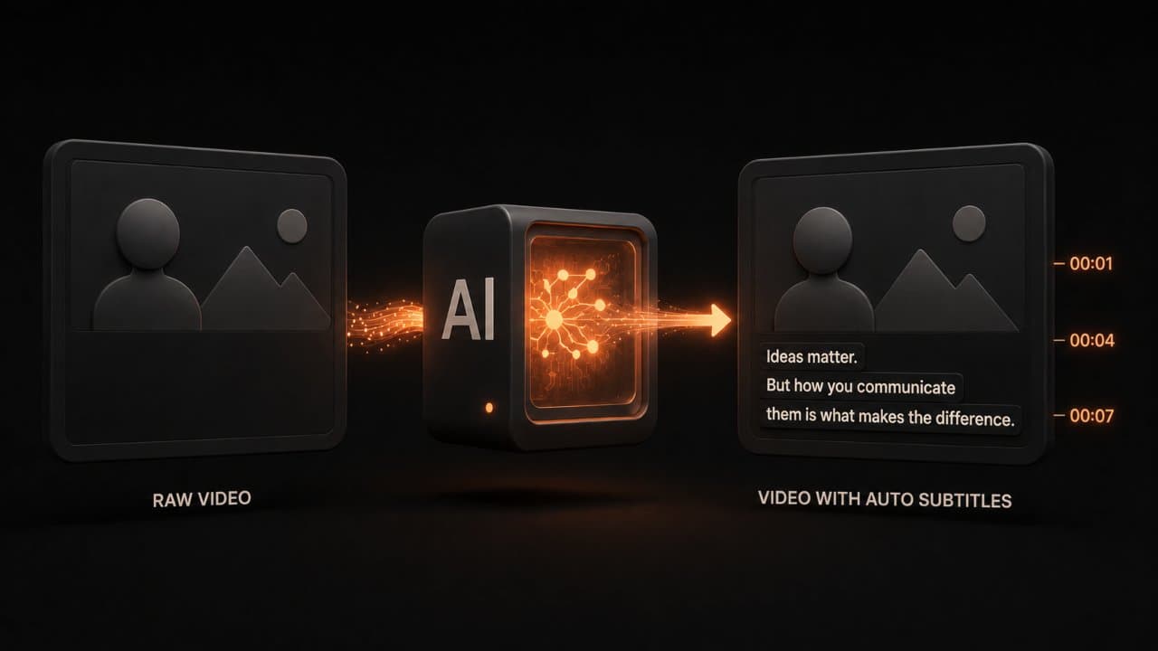 Stylized 3D scene of a raw video frame entering a processing block and emerging with synchronized subtitle lines running beneath it