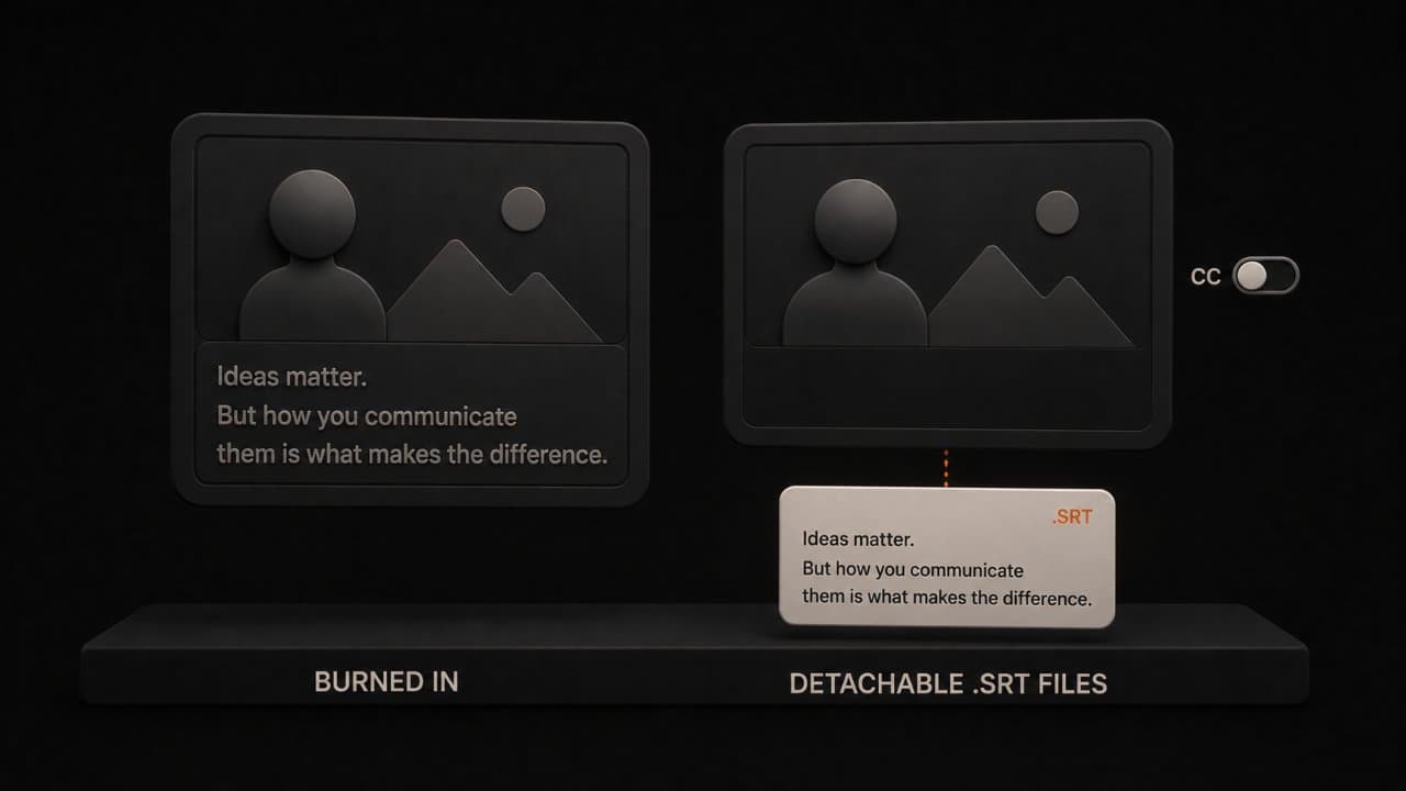 3D editorial illustration comparing a video with permanent burned-in captions beside a video with a detachable SRT file floating alongside