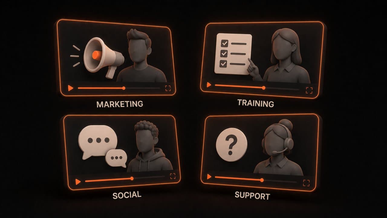 3D editorial illustration of four floating video screens each depicting a different AI avatar use case
