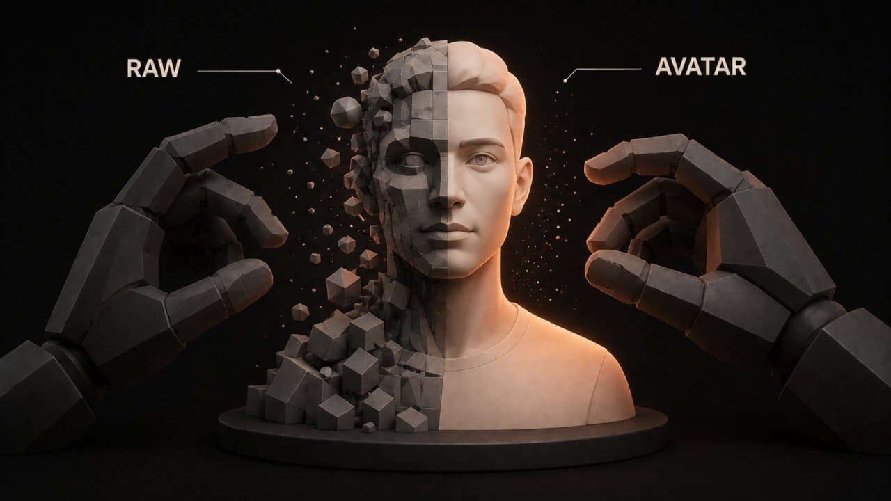 3D editorial illustration of abstract sculptor hands molding raw geometric shapes into a refined digital avatar bust