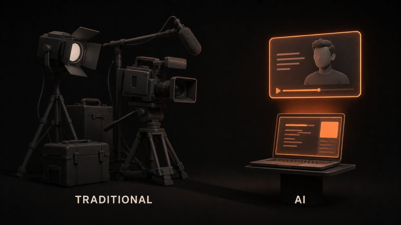 Stylized 3D scene of bulky traditional production equipment dwarfed by a sleek laptop generating video instantly