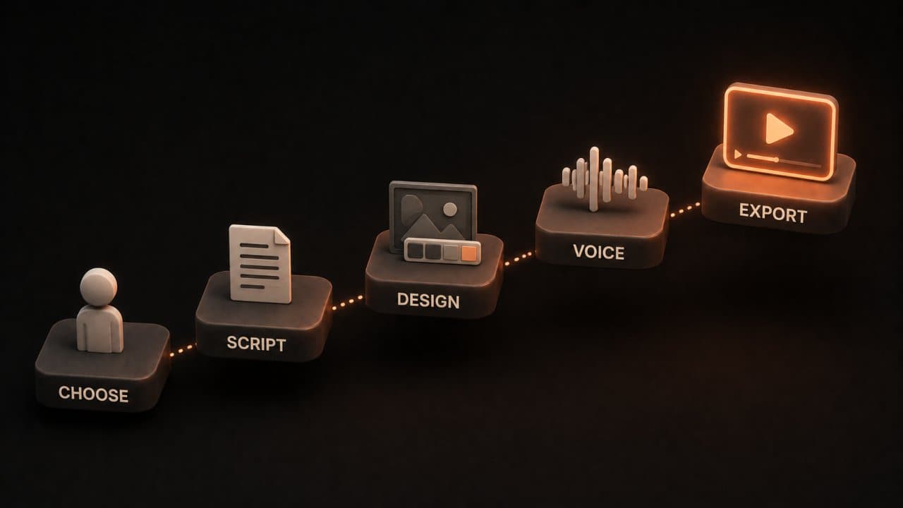 Stylized 3D scene of five sequential stepping stones labeled Choose Script Design Voice and Export leading to a finished video