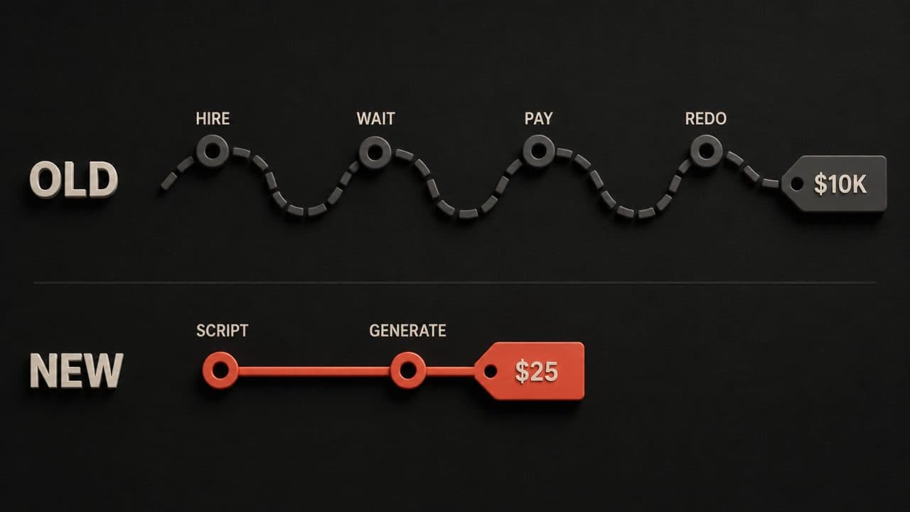 Two production paths compared showing the old expensive multi-step process versus the new fast AI workflow