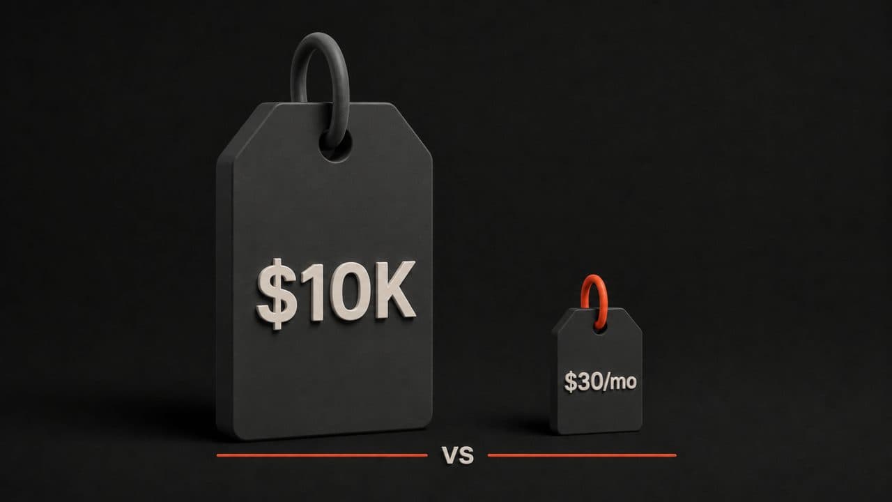 A large expensive price tag next to a small affordable one comparing traditional and AI demo video production costs