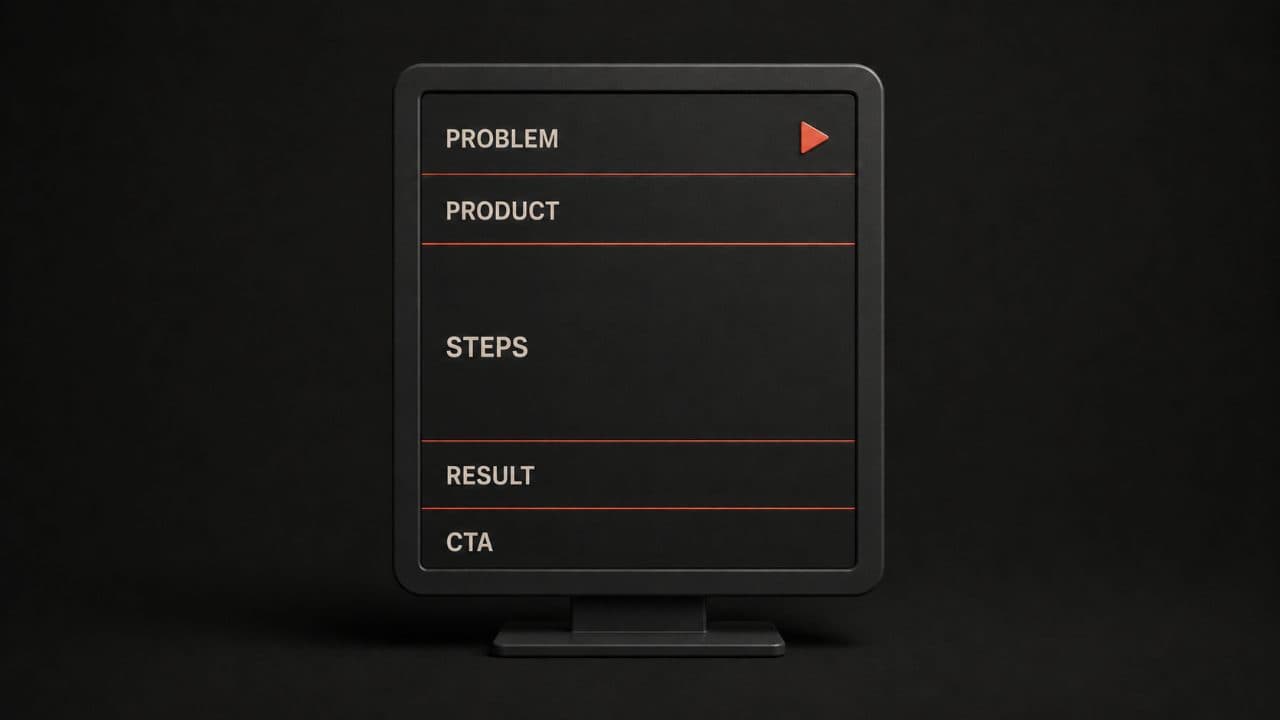 Five-block product demo script structure from problem statement through call to action inside a screen frame