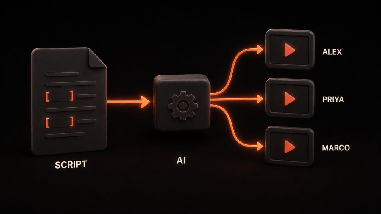 A script template feeding into an AI generator that outputs three uniquely personalized sales videos