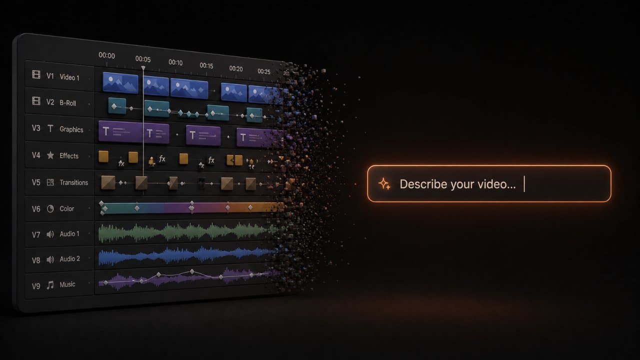 3D editorial illustration of a dense multi-track editing timeline dissolving into a clean single-line prompt input bar