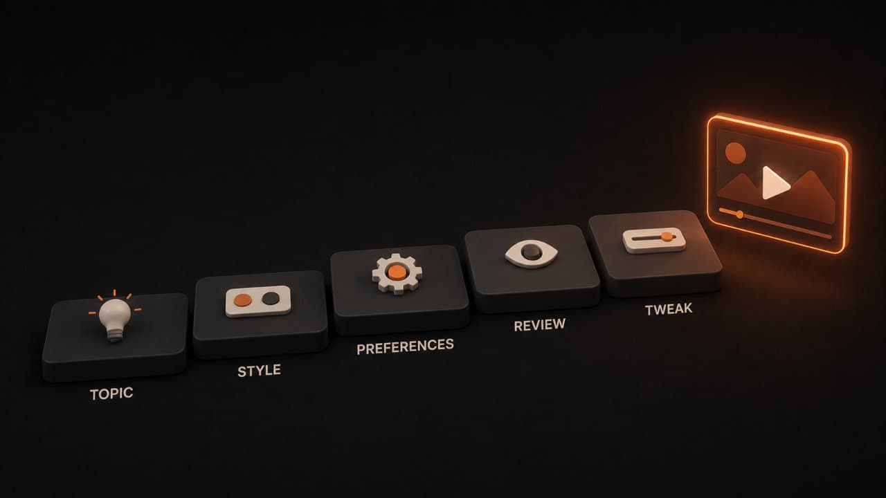 Stylized 3D scene of five low stepping blocks labeled Topic Style Preferences Review and Tweak leading to a completed video