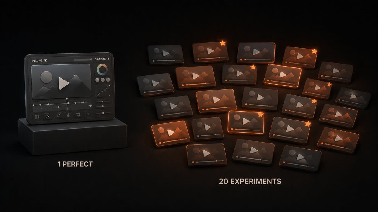 3D editorial illustration comparing one over-polished video standing alone against twenty quick experimental video cards spread across a surface