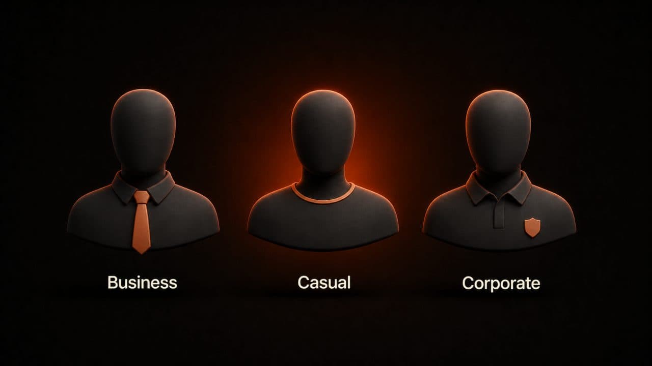 Three featureless AI avatar busts labeled Business, Casual, and Corporate for different course styles