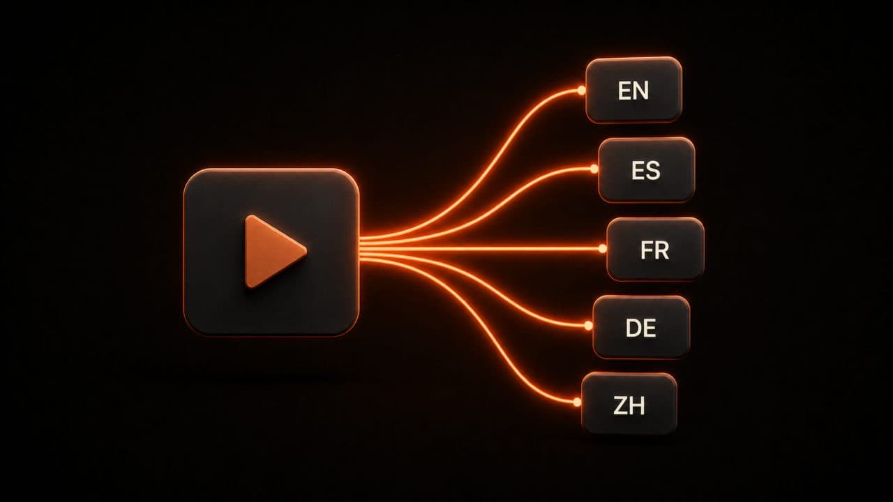 One course video multiplying into five language versions labeled EN, ES, FR, DE, and ZH