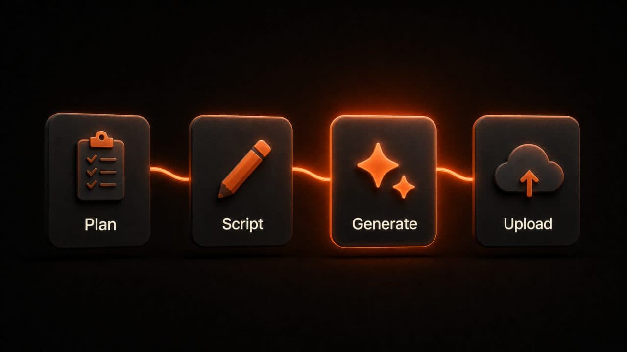 Four-step course video workflow showing Plan, Script, Generate, and Upload stages