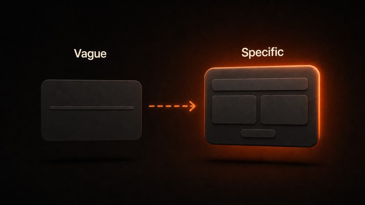 Two 3D cards comparing a vague prompt with a single line versus a specific detailed prompt with structured sections, connected by a dashed orange arrow