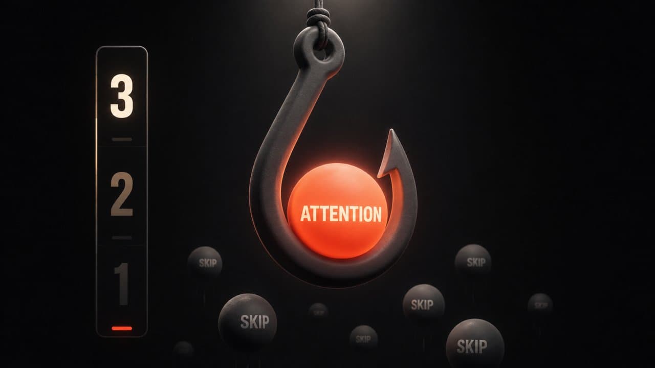 Stylized 3D scene of a glowing fishhook snagging an attention orb within a narrow 3-second countdown window