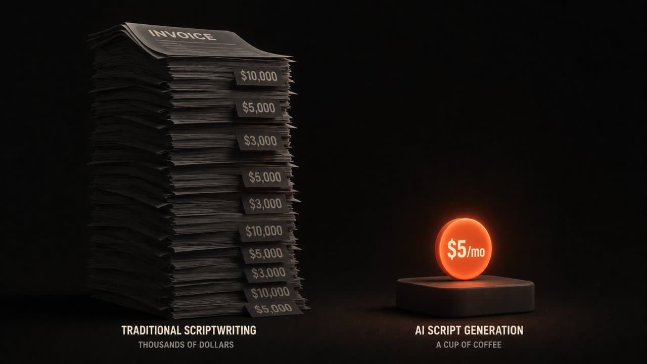 Stylized 3D comparison of a tall traditional production invoice stack beside a small glowing monthly subscription coin