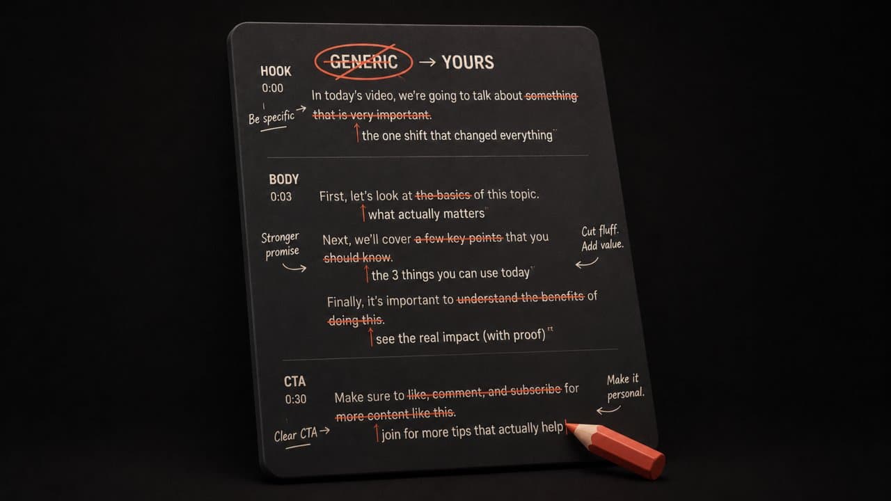3D editorial illustration of an AI-generated script being marked up with edits cuts and handwritten notes