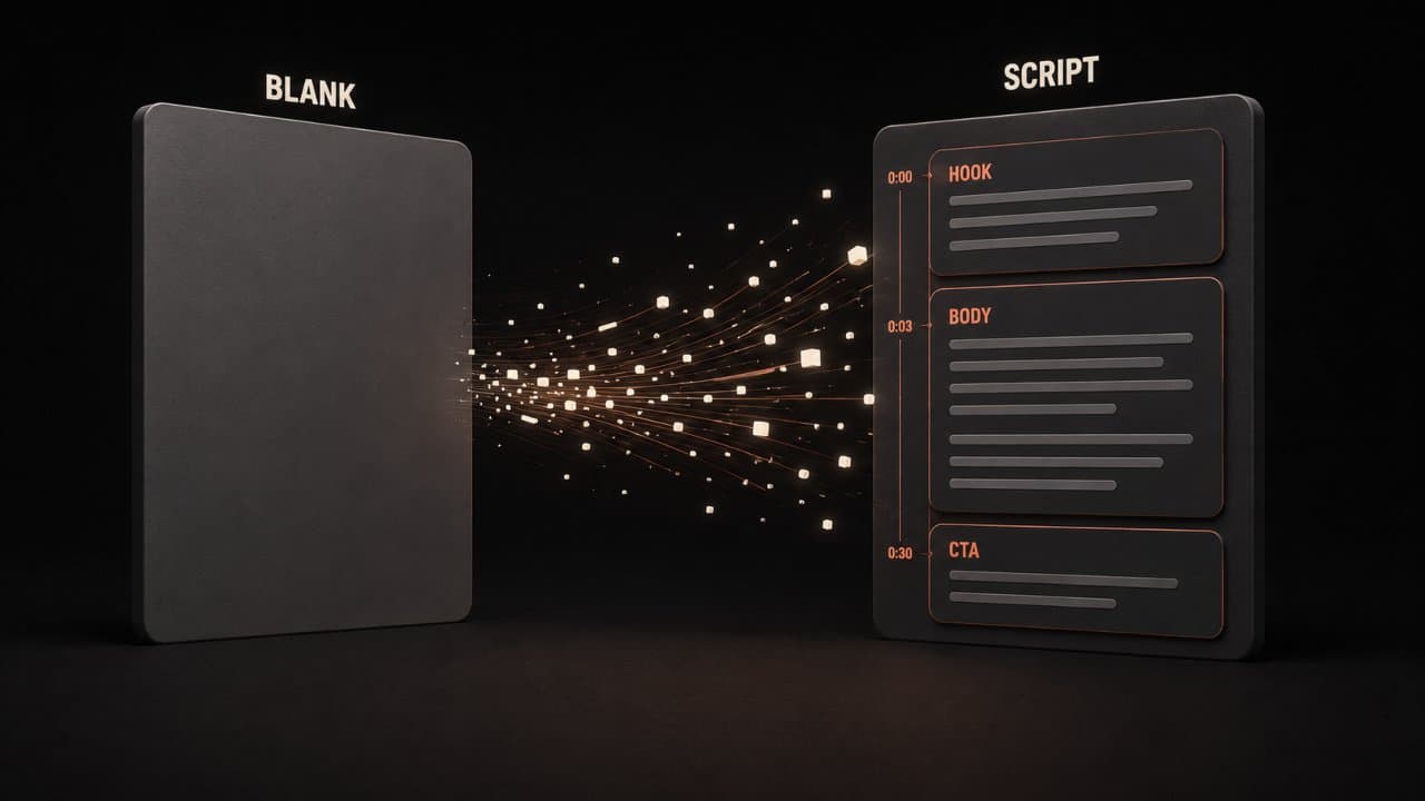 3D editorial illustration of a blank page morphing into a formatted video script with section markers and timing notes