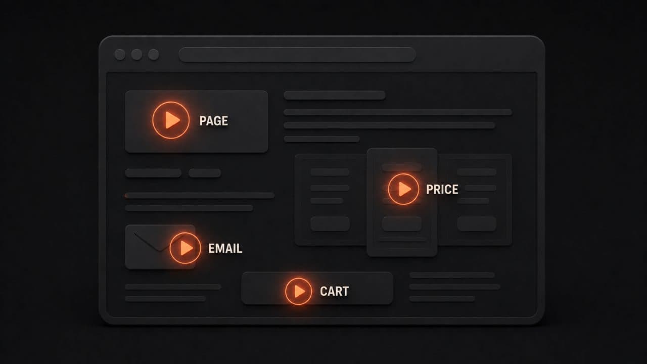 A website wireframe with four glowing hotspots showing where video testimonials convert best