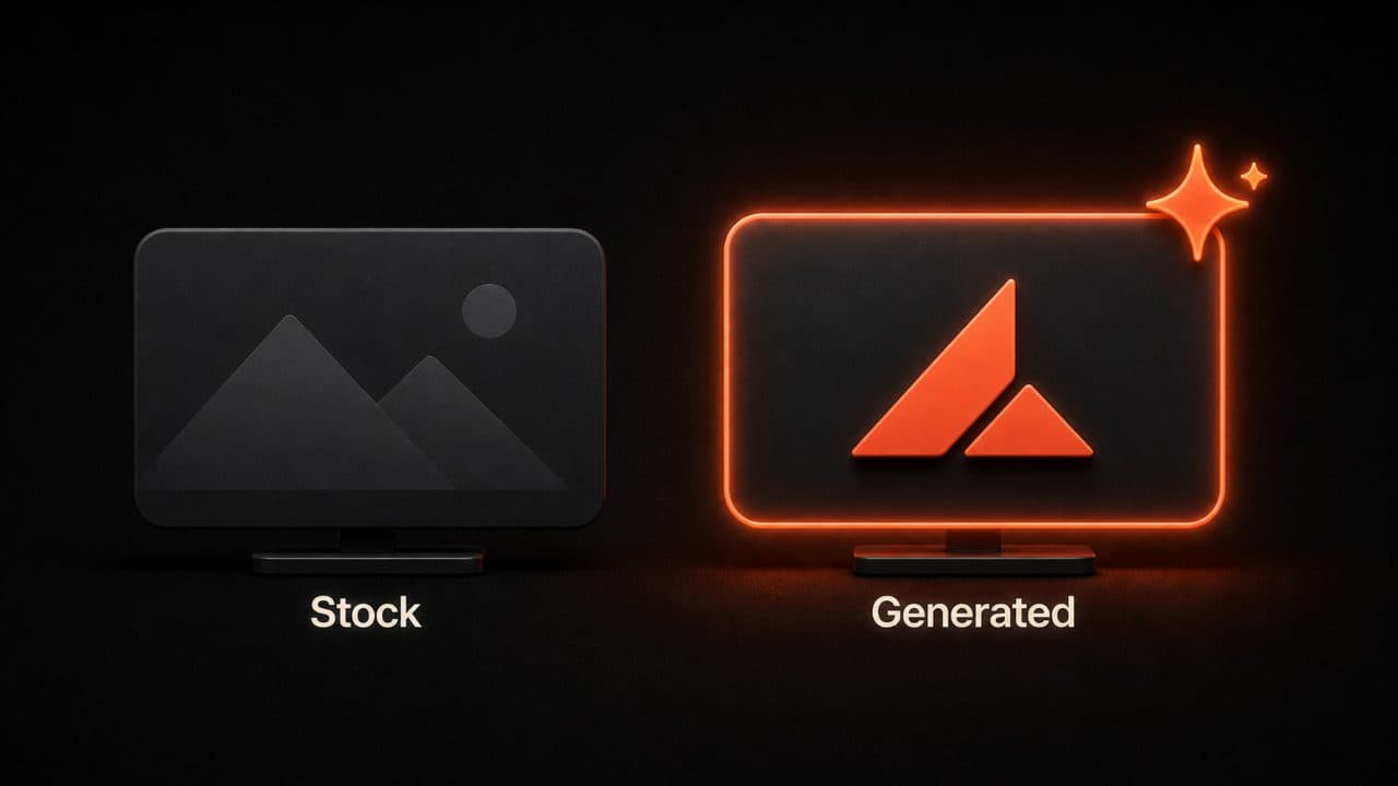 Two video screens comparing dull stock footage with a glowing AI-generated custom visual