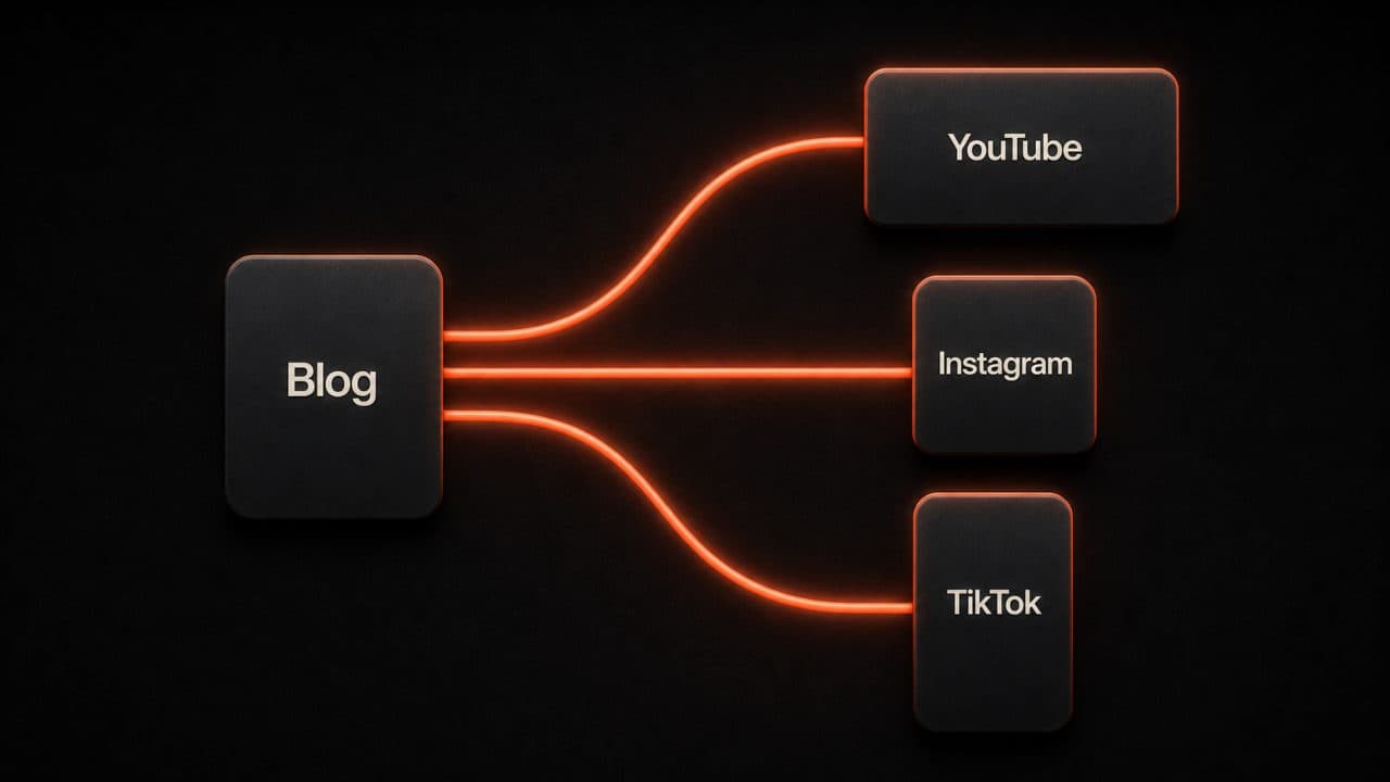 A blog document splitting into three screens labeled YouTube, Instagram, and TikTok showing content repurposing
