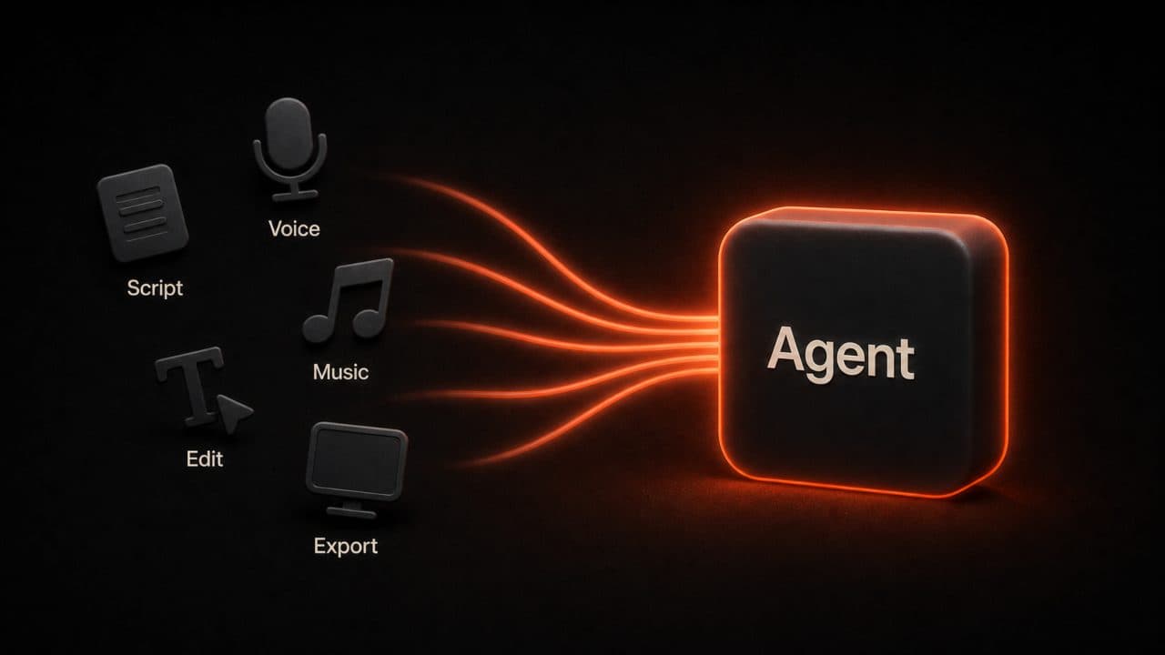 Five scattered tool icons labeled Script, Voice, Music, Edit, and Export flowing into a single glowing Agent cube