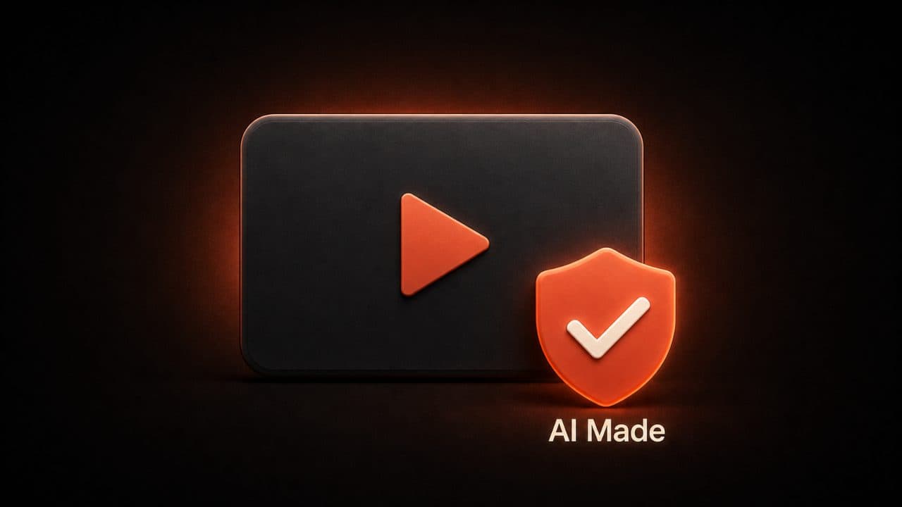 A video screen with a glowing AI Made trust badge showing transparency in AI-generated content