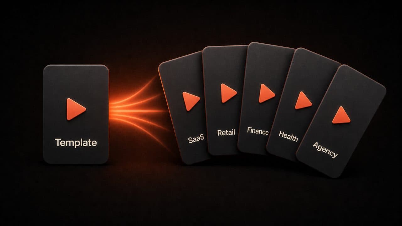 A video template card generating five personalized variations labeled by industry for hyper-personalized video at scale