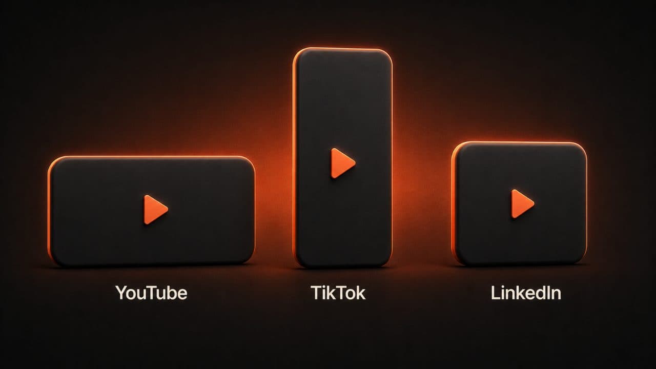 Three platform-optimized video formats showing YouTube landscape, TikTok vertical, and LinkedIn square