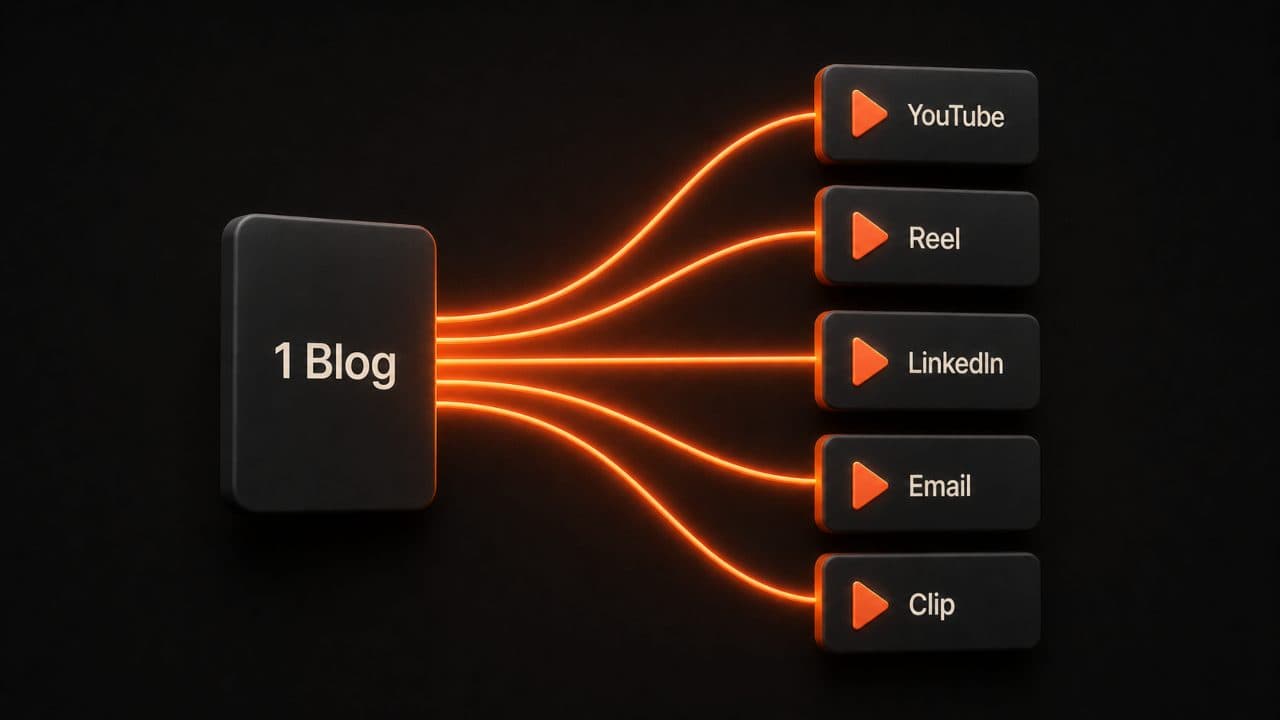 One blog post multiplying into five content pieces for YouTube, Reels, LinkedIn, Email, and Clips
