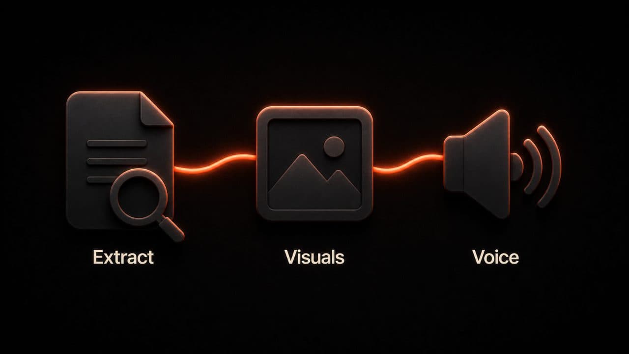 Three-step PDF to video pipeline showing Extract, Visuals, and Voice stages connected by glowing ribbons