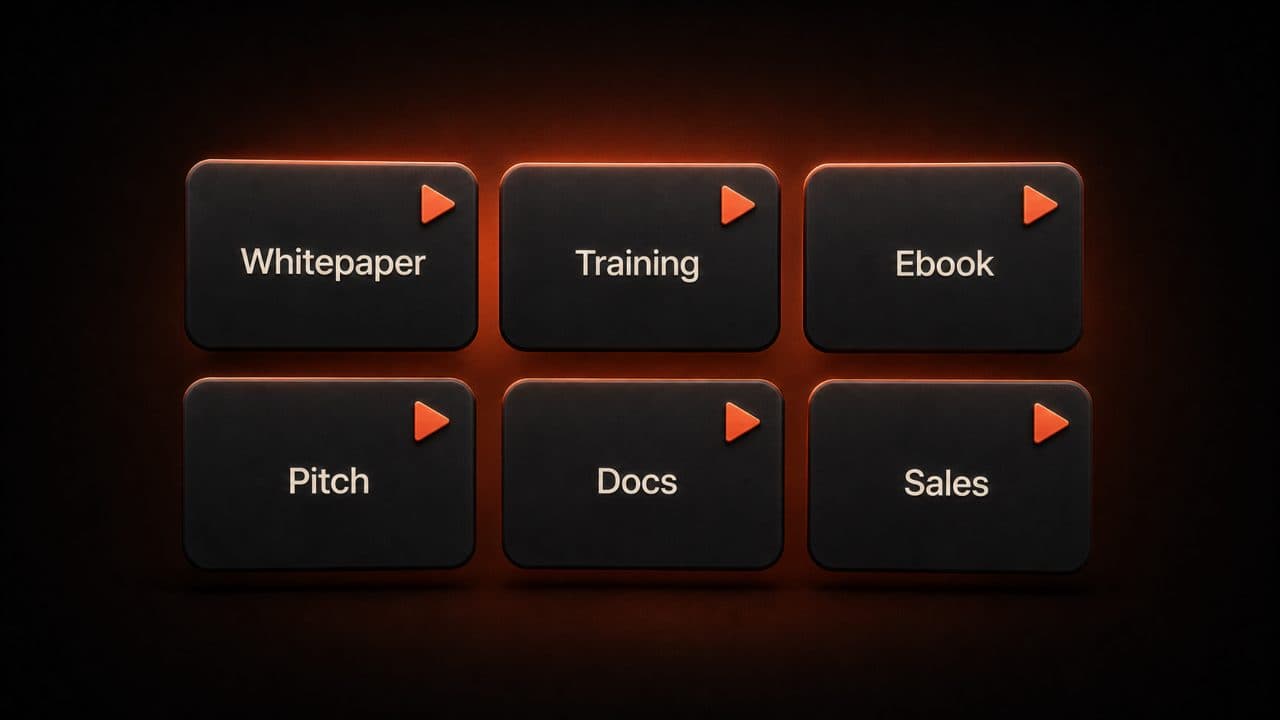 Six use case cards labeled Whitepaper, Training, Ebook, Pitch, Docs, and Sales showing where PDF to video delivers value