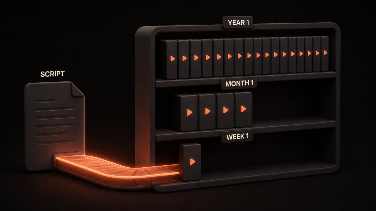 A 3D bookshelf filling with video slabs over time, showing how a training library grows from one video per week to a full collection over a year.