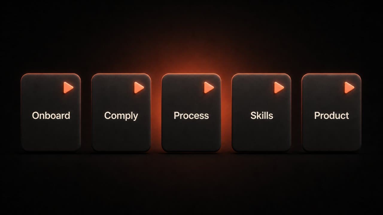 Five training video type cards showing Onboard, Comply, Process, Skills, and Product