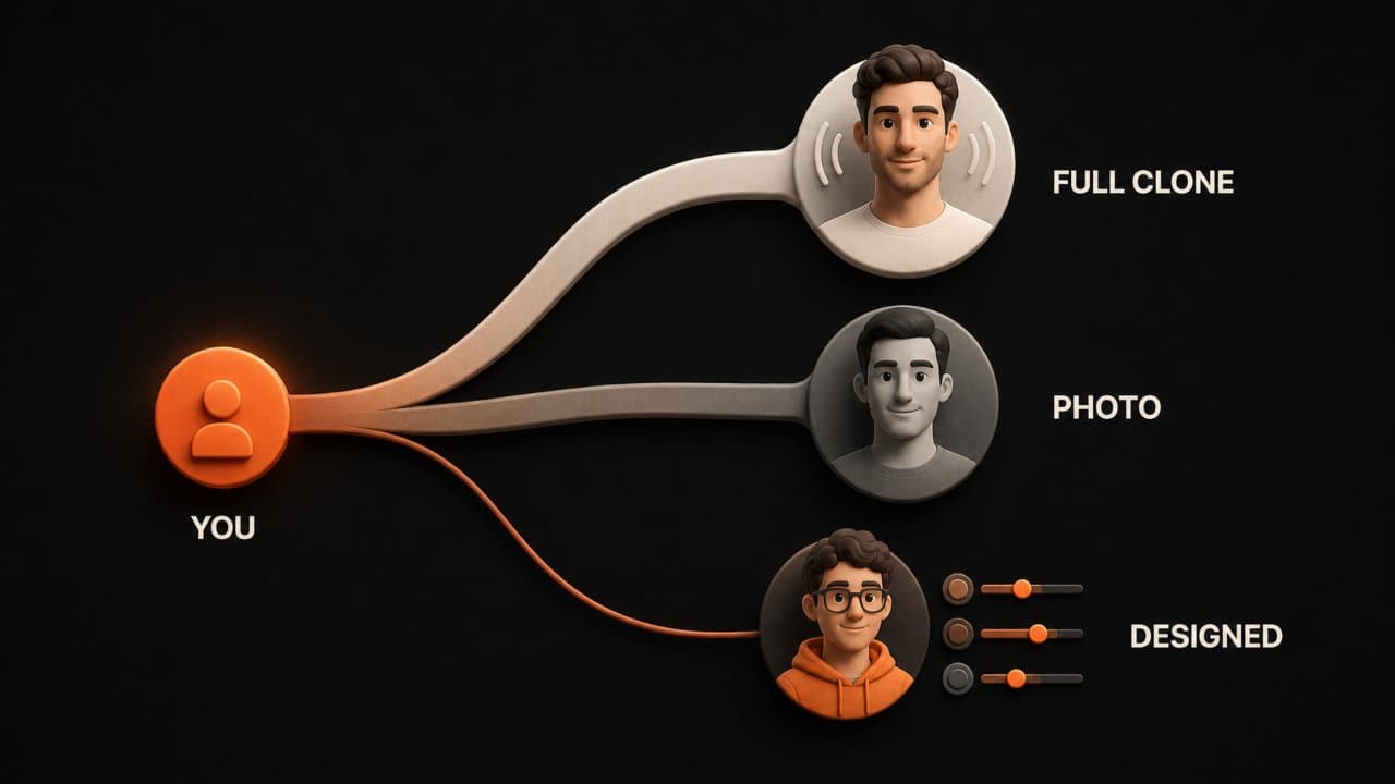 3D editorial illustration of three diverging paths from a central point leading to a full clone a photo avatar and an AI-designed avatar