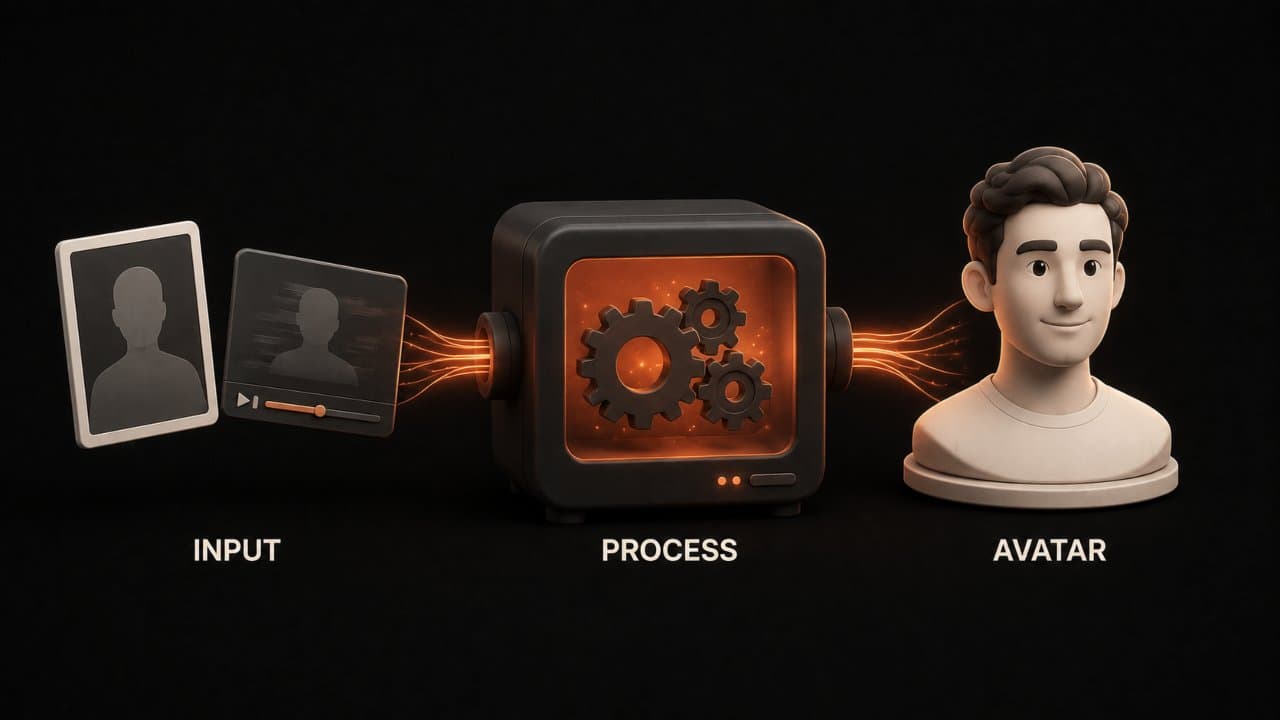 Stylized 3D scene of a photograph and video frame entering a processing chamber that outputs a polished avatar bust