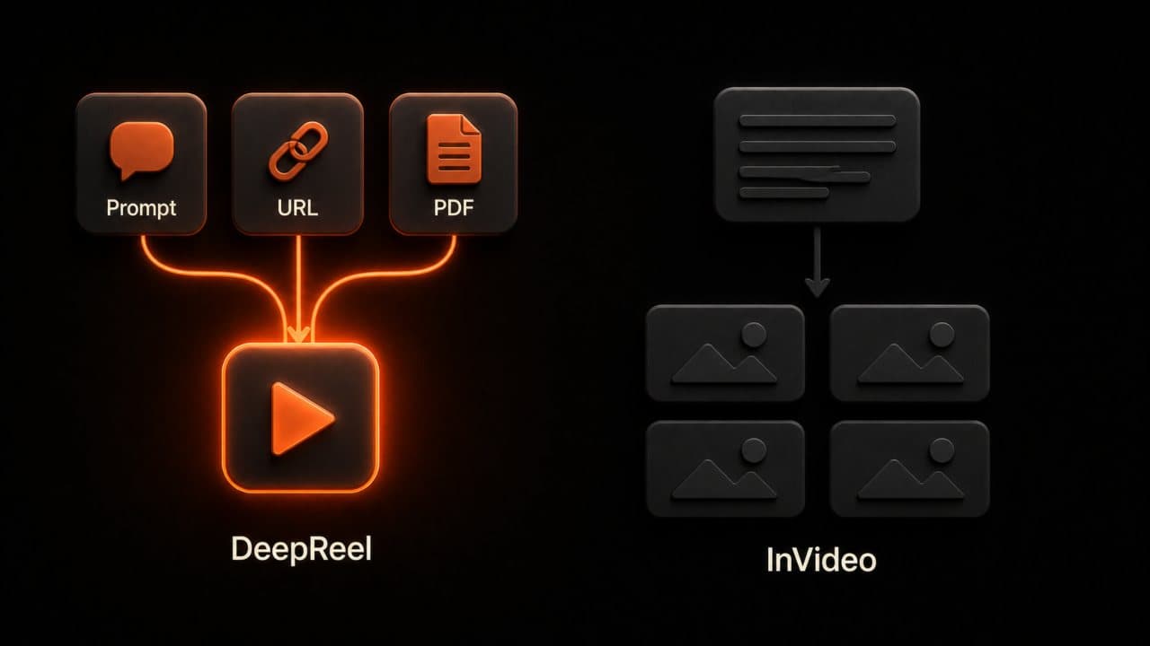 DeepReel accepting multiple content inputs versus InVideo's single text-to-template workflow