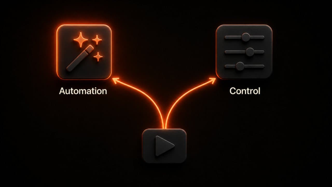 Two diverging paths from a play button leading to Automation or Control in AI video creation
