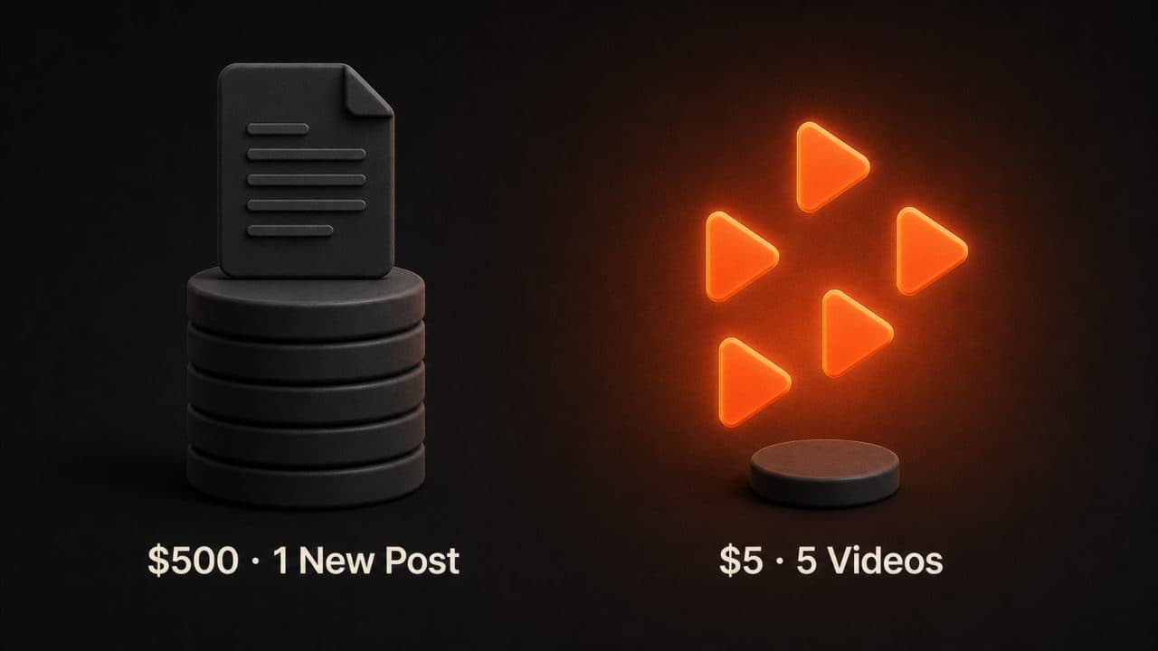 Cost comparison showing $500 for one new post versus $5 for five repurposed videos