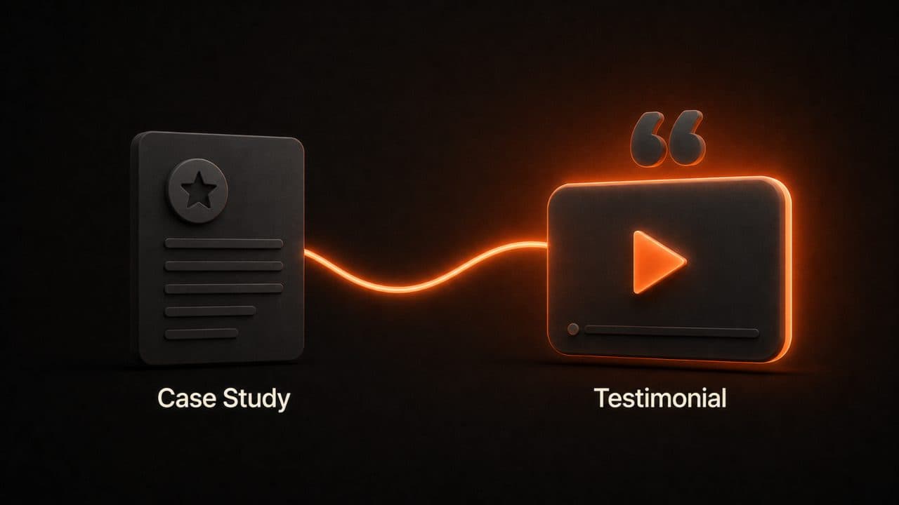 A case study document converting into a testimonial video with quotation marks