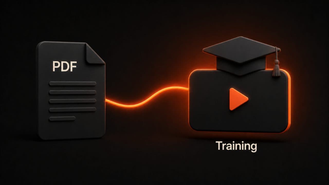 A PDF document converting into a training video with a graduation cap icon