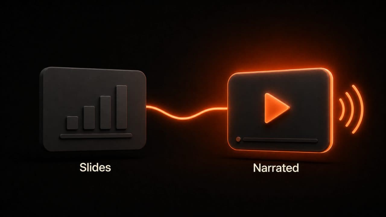 A presentation slide deck converting into a narrated video explainer with sound waves