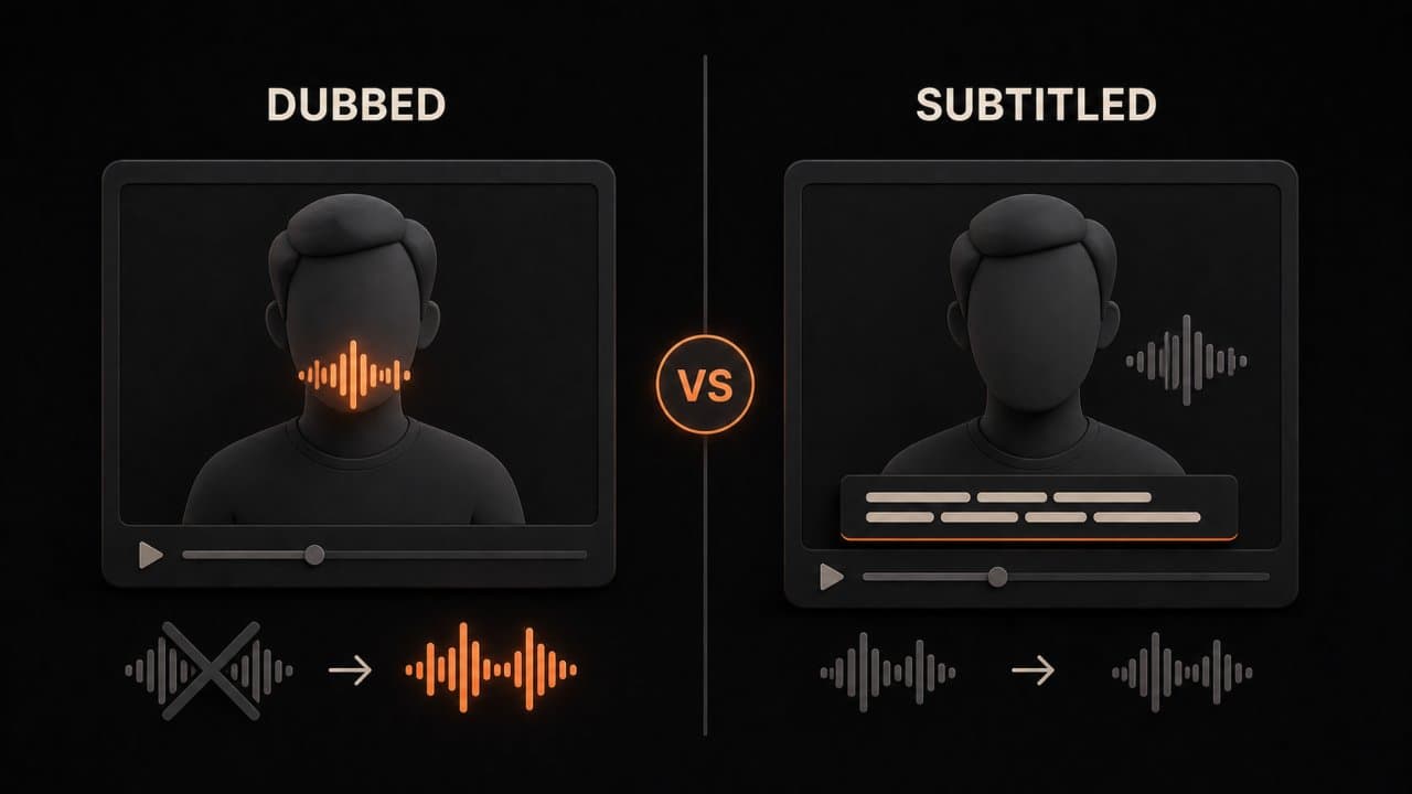 comparison showing dubbed video with swapped audio versus subtitled video with caption bar