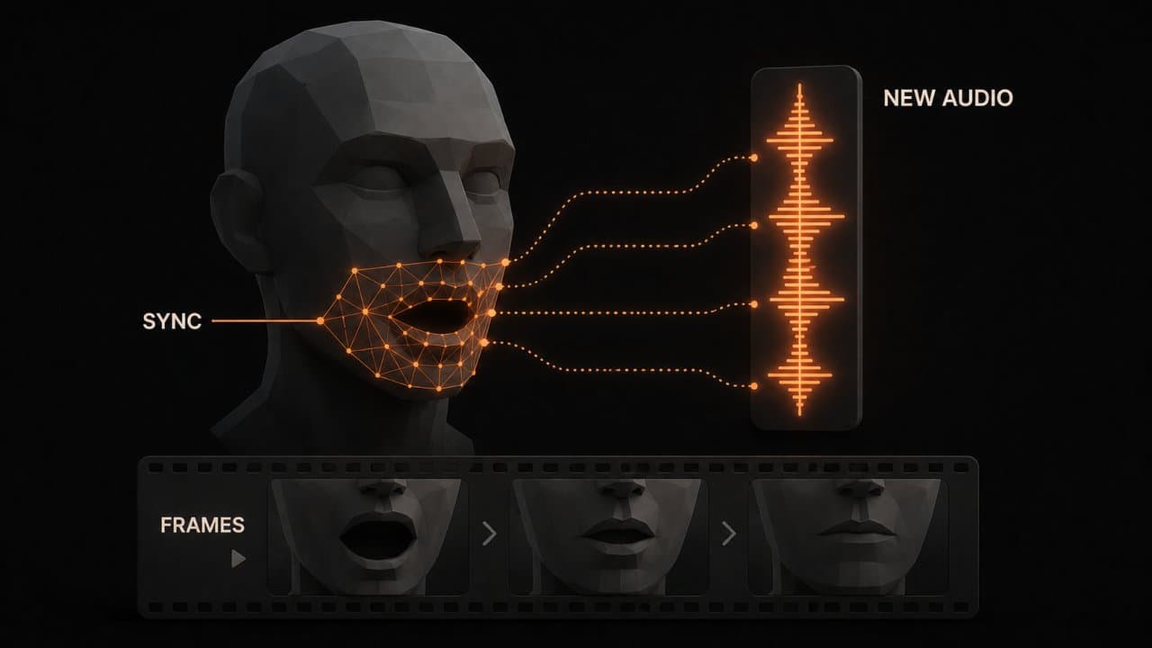 Geometric 3D head with wireframe mouth mesh syncing to translated audio waveform via alignment lines
