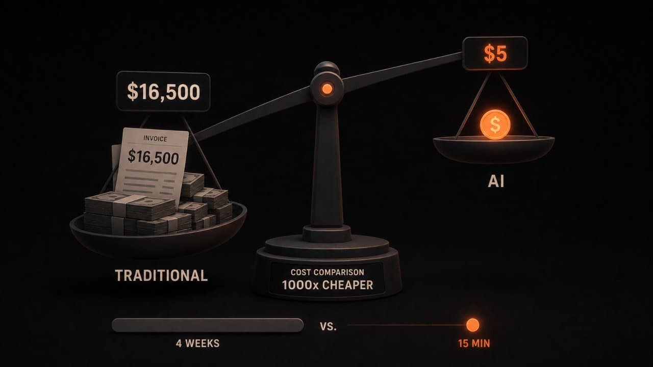 Balance scale dramatically tilted with $16,500 traditional translation weighing down against a light $5 AI translation coin