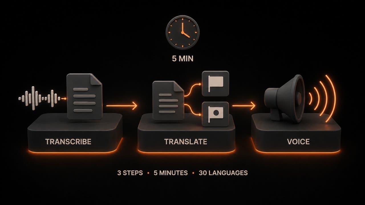 Three-step AI translation pipeline showing transcribe, translate, and voice generation platforms connected by glowing arrows