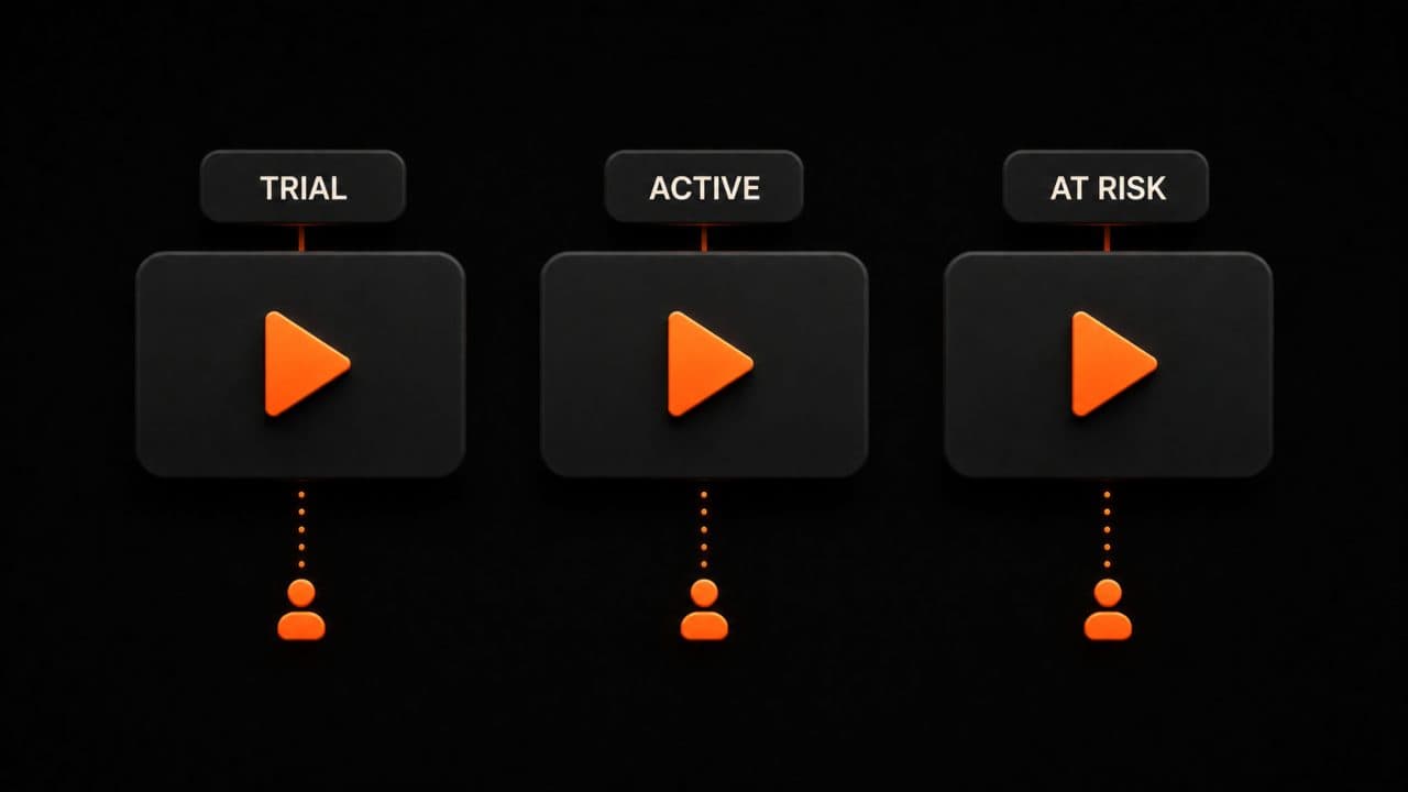 Three personalized video emails targeted at trial users, active customers, and at-risk accounts