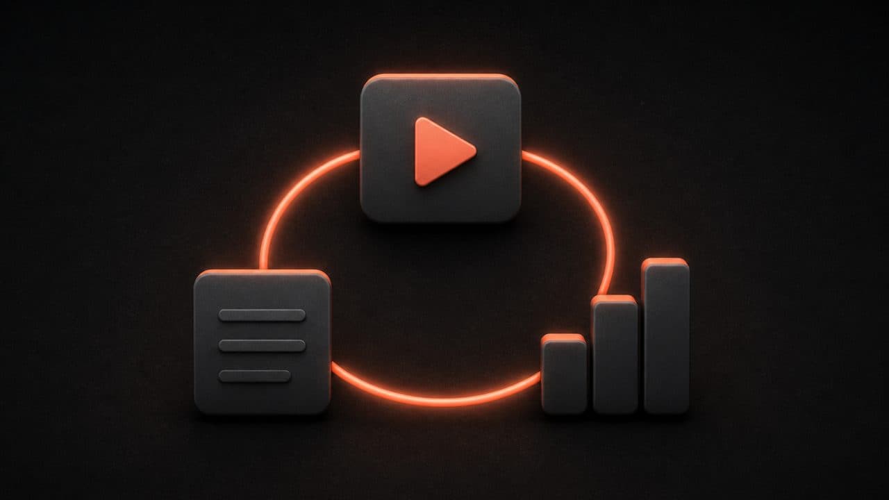 A flywheel of three connected elements showing the blog-to-video SEO cycle
