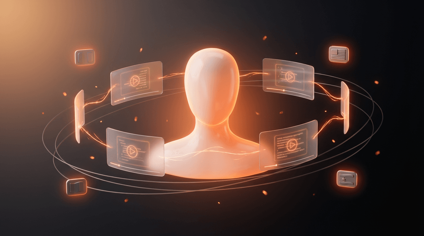 DeepReel conceptual image showing an AI avatar surrounded by glowing screens and data streams, representing AI-powered video creation and personalization.