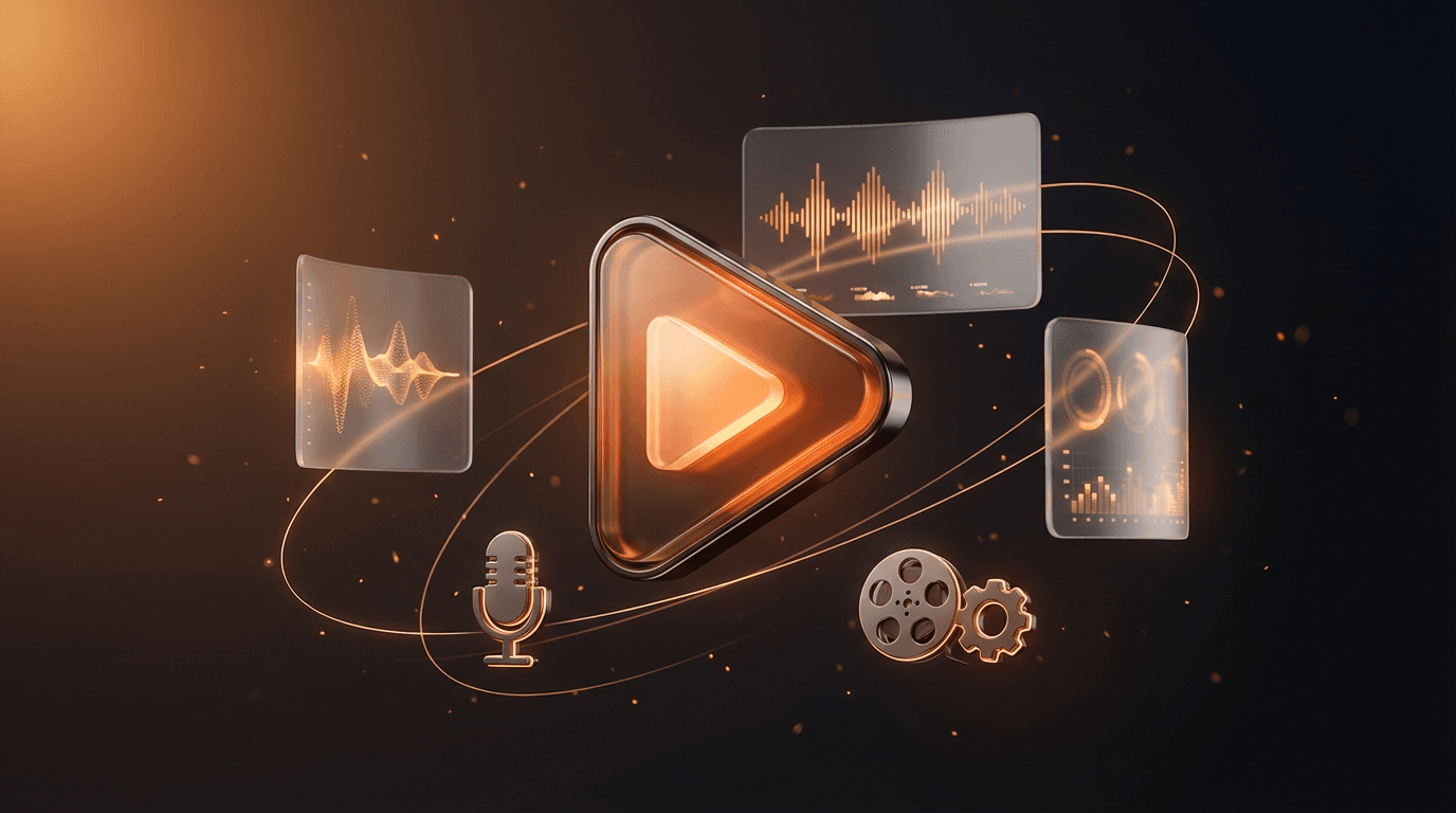 DeepReel AI video creation platform hero image showing a central play button surrounded by icons for audio, video, and data visualization, connected by glowing lines.